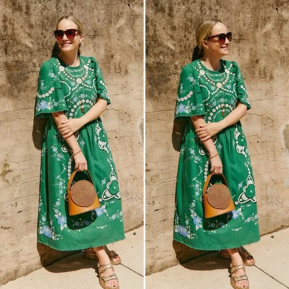 SEA New York Vesna Embroidered Midi Dress Green Floral Cotton Linen Size Small - Picture 2 of 16